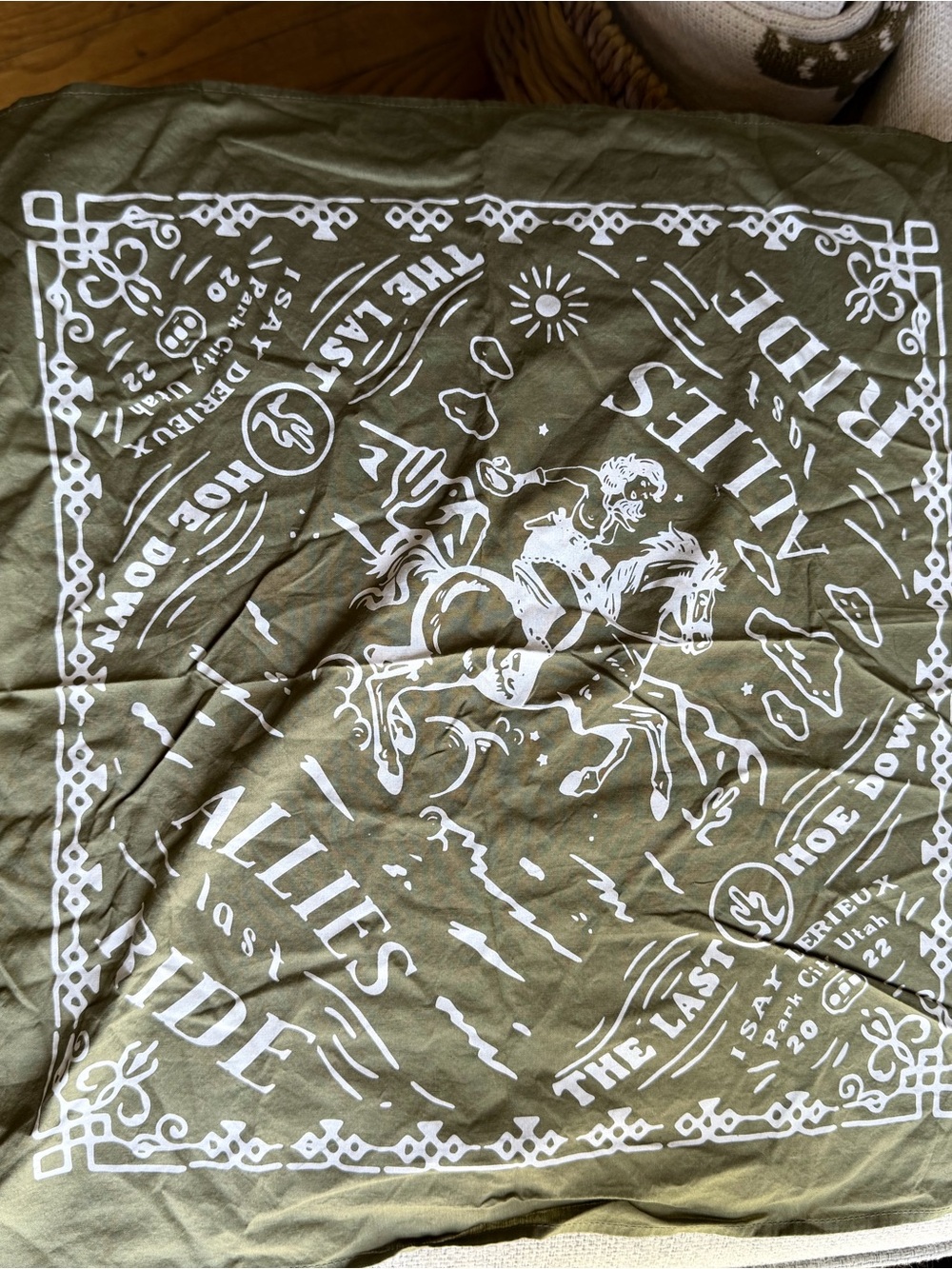 White Graphic Bandana-Style Print on Olive Green Fabric